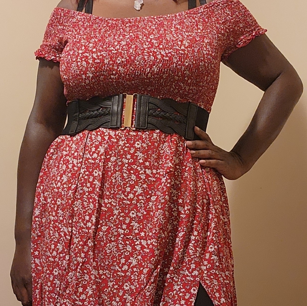 SHEIN Off Shoulder Shirred Split Dress